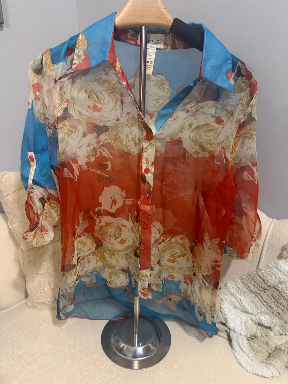 Geri C. Sheer Floral Button-Front Blouse - Blue & Red